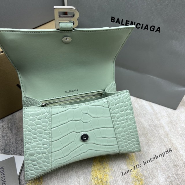 Balenciaga專櫃爆款鱷魚紋薄荷綠色中號Hourglass沙漏包 巴黎世家頂級原單手提肩背包 fyj1207